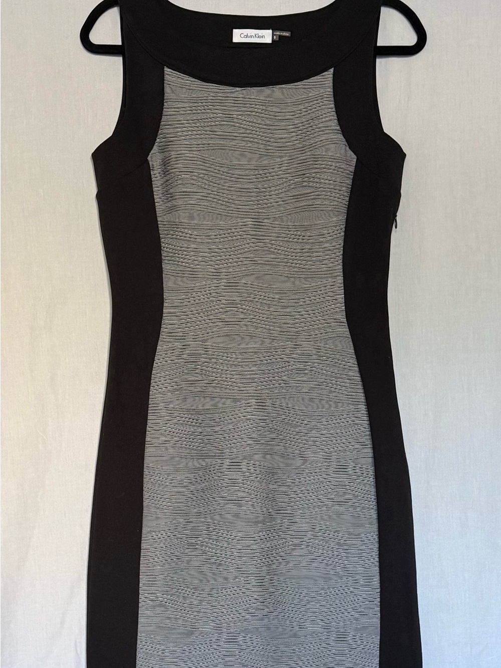 Calvin Klein Sleeveless Sheath Dress Black Gray Stretch Crepe Career Bodycon 6